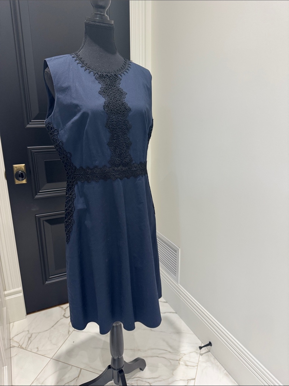 T Tahari Navy Dress with Black Crochet Accent